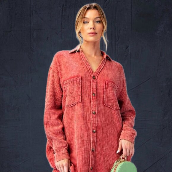 EASEL “Irresistible” Lux Mineral Washed Buttoned Relaxed Fit Shirt Dress Pockets - Picture 14 of 16